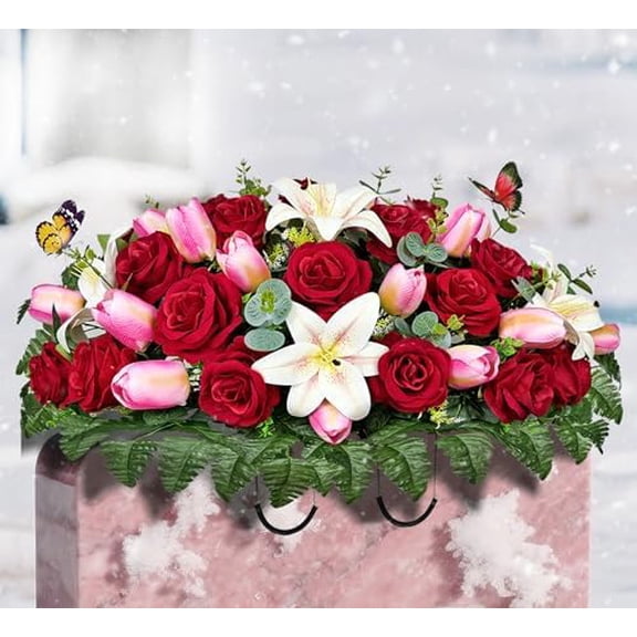 Artificial Cemetery Flowers - Headstone Flower SaddleNon-Bleed Colors, and Easy Fit - Pink TulipWhite Lily and Red Rose Bouquet$$Home Decor, Kitchen, & Other