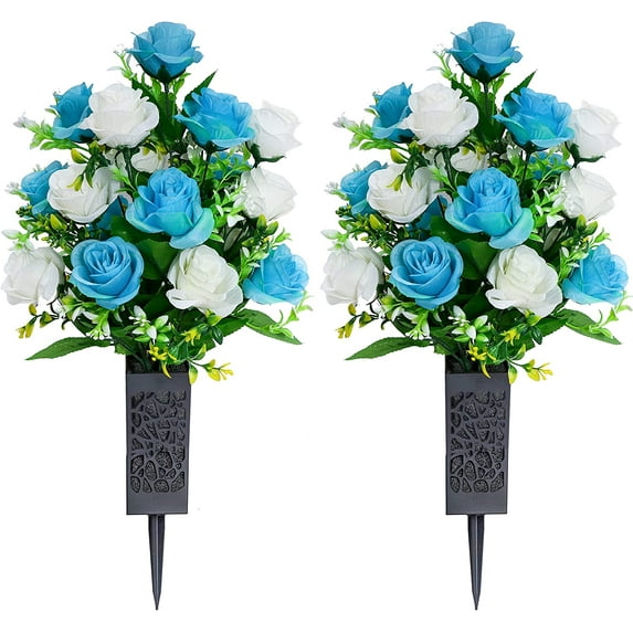 Artificial Cemetery Flowers,Memorial Flowers,Beautiful Arrangements for Headstones,Black Plastic vase with Drainage Hole Long Spikes Outdoor Memorials(Dark Blue)…