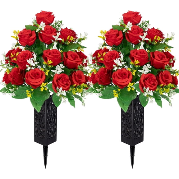 Artificial Cemetery Flowers,Memorial Flowers,Beautiful Arrangements for Headstones,Black Plastic vase with Drainage Hole Long Spikes Outdoor Memorials(Dark Blue)…
