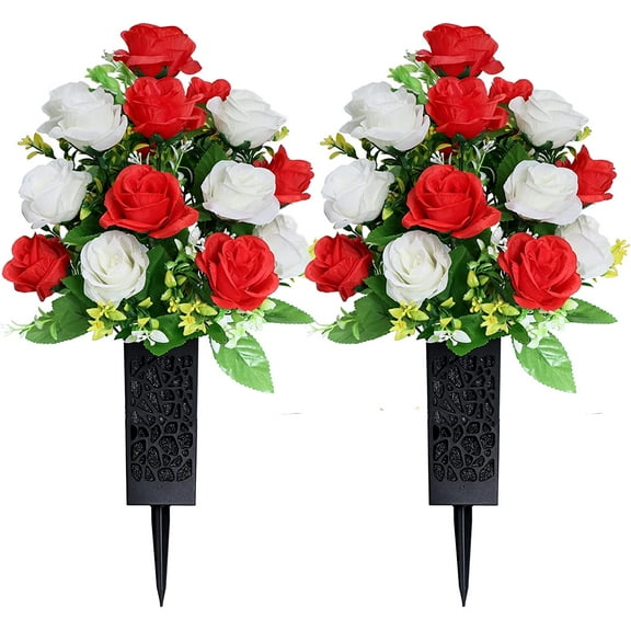 Artificial Cemetery Flowers,Memorial Flowers,Beautiful Arrangements for Headstones,Black Plastic vase with Drainage Hole Long Spikes Outdoor Memorials (Red and White)\u2026