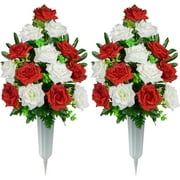 HANGTANWAN Artificial Cemetery Flowers, Memorial Rose Flowers Grave Decoration Flower Bouquets with Vase for Cemetery Graveyard Headstones Decor, Set of 2 (Red&White)