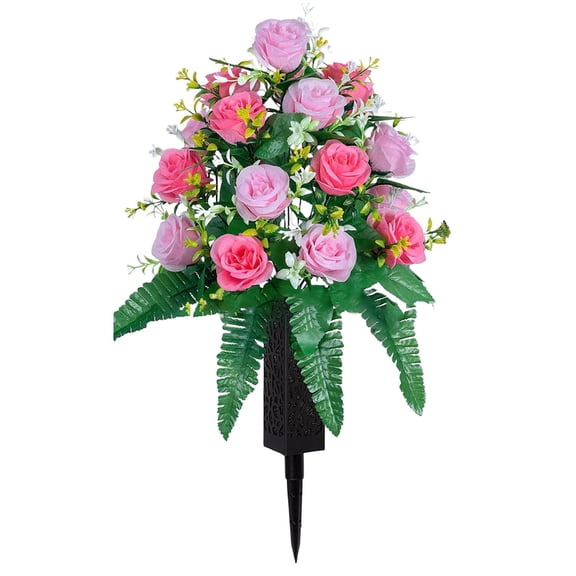Artificial Cemetery Flowers, Ngxiha Outdoor Grave Decorations Roses, Easter Grave Decorations for Cemetery Beautiful Arrangements Bouquet with Cemetery Vase, Lasting and Non-Bleed Colors