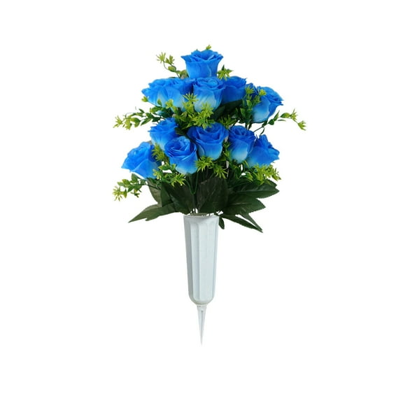 Artificial Cemetery Flowers for Outdoor Grave Decorations, Memorial Silk Roses & Lilies, Weather-Resistant Modern Floral Arrangements, A 12 Head Rose Bouquet with A Bucket Blue