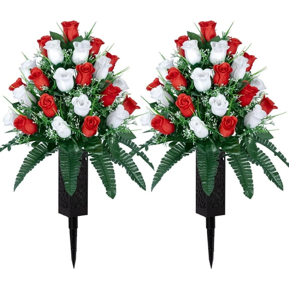 Artificial Cemetery Flowers,Outdoor Grave Decorations Roses,Beautiful Arrangements Bouquet with Cemetery Vase,Lasting and Non-Bleed Colors (White+Dark Blue)