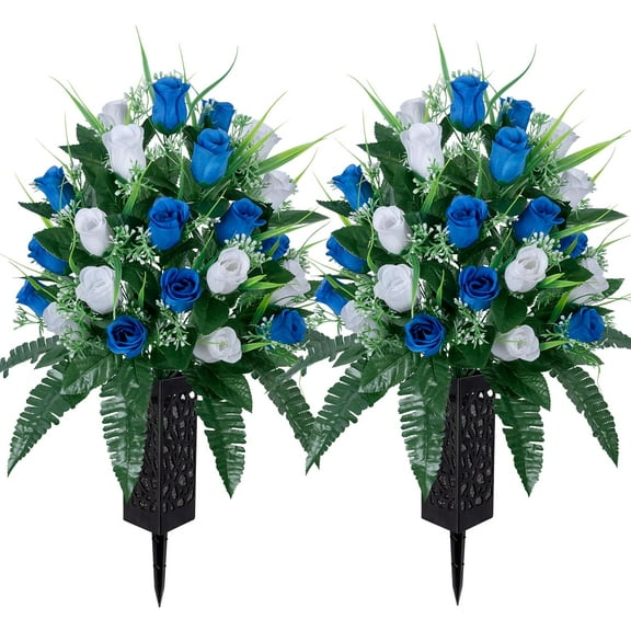 Artificial Cemetery Flowers,Outdoor Grave Decorations Roses,Beautiful Arrangements Bouquet with Cemetery Vase,Lasting and Non-Bleed Colors (White+Dark Blue)