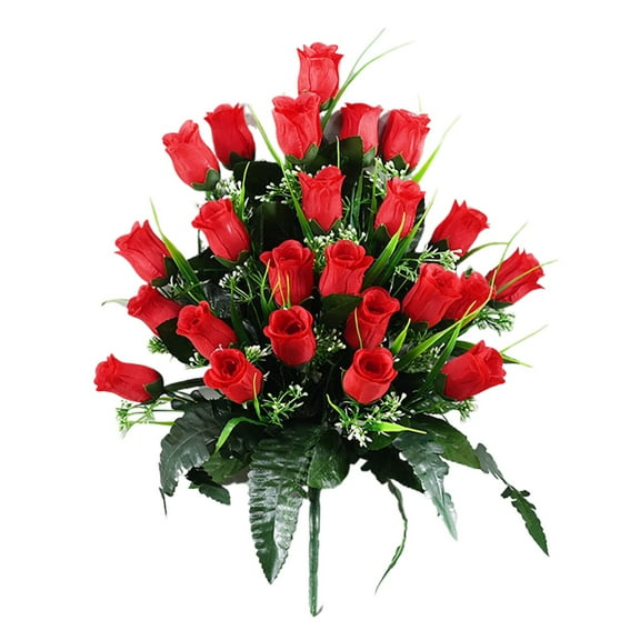 Artificial Cemetery Flowers,Outdoor Grave Decorations Roses,Beautiful Arrangements Bouquet with Cemetery Vase,Lasting and Non-Bleed Colors (Red)