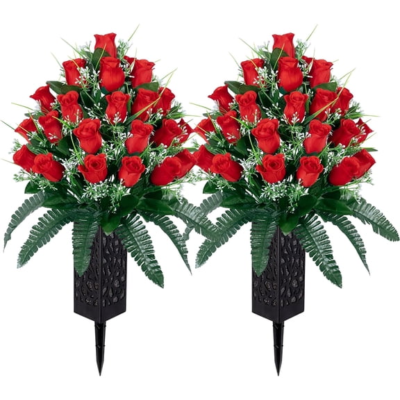 Artificial Cemetery Flowers,Outdoor Grave Decorations Roses,Beautiful Arrangements Bouquet with Cemetery Vase,Lasting and Non-Bleed Colors (Red)