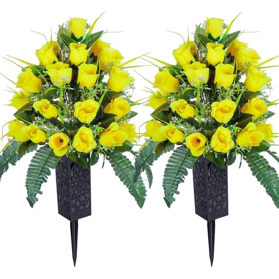 Artificial Cemetery Flowers,Outdoor Grave Decorations Roses,Beautiful Arrangements Bouquet with Cemetery Vase,Lasting and Non-Bleed Colors (Yellow)