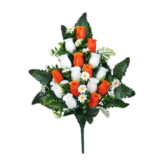 Artificial Cemetery Flowers for Outdoor, Realistic Rose Memorial Flowers with Vase, 28 Inch Tall Fake Arrangement for Gravesite, Headstone Decorations, 16 Cemetery Flowers * 1 Bunch