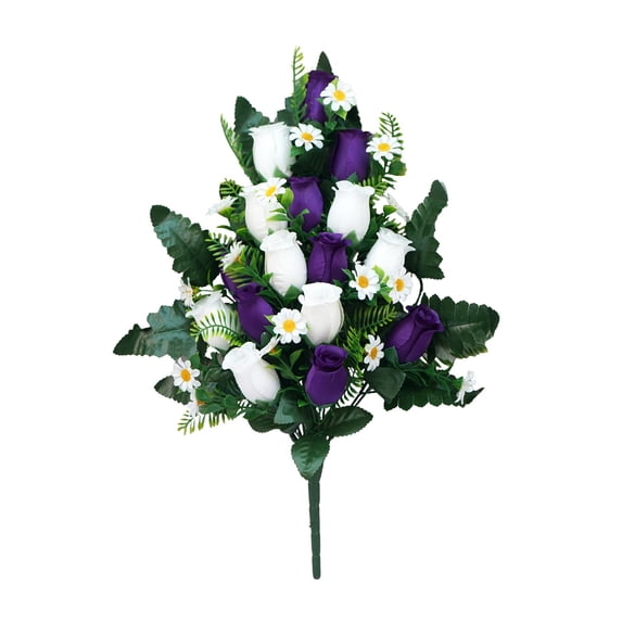 Artificial Cemetery Flowers for Outdoor, Realistic Rose Memorial Flowers with Vase, 28 Inch Tall Fake Arrangement for Gravesite, Headstone Decorations, 16 Cemetery Flowers * 1 Bunch
