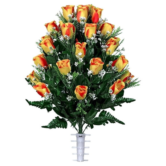 Artificial Cemetery Flowers - Realistic - Outdoor Grave Decorations - 30 Stems Sunset Orange Roses