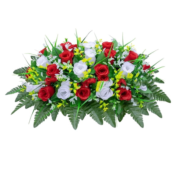 Artificial Cemetery Flowers Saddle, Grave Headstone Decorations, Non Fading Outdoor Memorial Flowers, Silk Floral Arrangement for Cemeteries, All-Weather Grave Decor Saddle for Tombstone