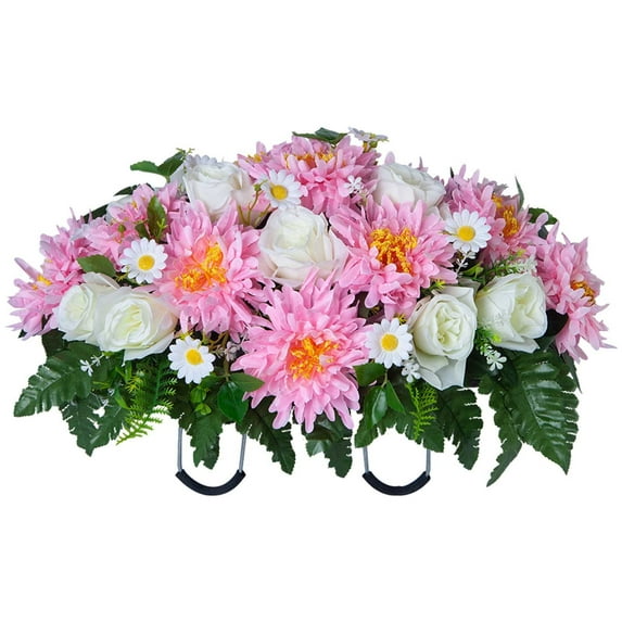 Artificial Cemetery Flowers Saddle â Realistic Rose Headstone Decor â Non-Bleed, Windproof Memorial Grave Flowers â Silk Bouquet for Outdoor Tombstones & Graves â Lasting Tribute Gift