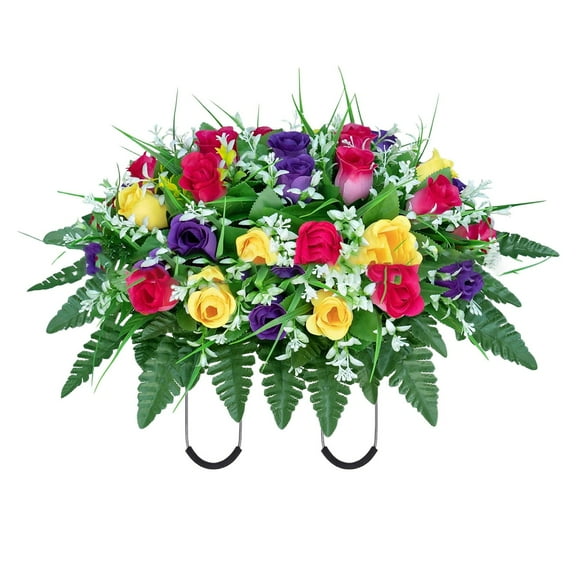 Artificial Cemetery Flowers Saddle Shaped Bouquet with 34 Roses for Grave Decor Non Fading, Cloth Non Fading Grave Decor, Artificial Cemetery Flowers Saddle