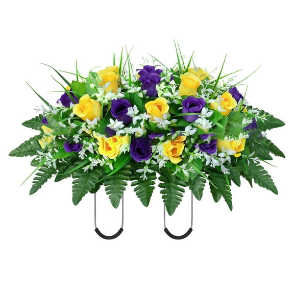Artificial Cemetery Flowers Saddle-Shaped Tombstone Decoration - UV-Resistant, Non-Fading Silk & Plastic, Rust-Resistant Iron Frame, Maintenance-Free, Weatherproof, 34 Roses & Greenery