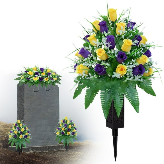 Artificial Cemetery Flowers Set - 1 Bundles of Silk Roses with 11" Vases, Weatherproof Memorial Bouquets for Gravesite Decoration (Dark Blue & White)