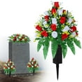 thumbnail image 1 of Artificial Cemetery Flowers Set - 1 Bundles of Silk Roses with 11" Vases, Weatherproof Memorial Bouquets for Gravesite Decoration (Dark Blue & White), 1 of 9