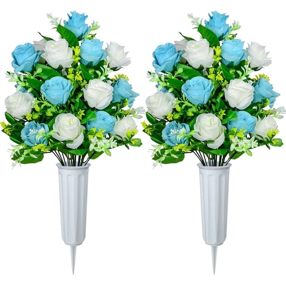 Artificial Cemetery Flowers, Set of 2 Artificial Rose Bouquet Graveyard Memorial Flowers with Vase for Cemetery Headstones Decoration (Dark Blue&White-2Pcs)