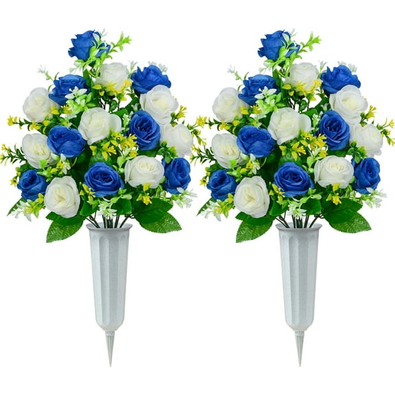Artificial Cemetery Flowers, Set of 2 Artificial Rose Bouquet Graveyard Memorial Flowers with Vase for Cemetery Headstones Decoration (Dark Blue&White-2Pcs)