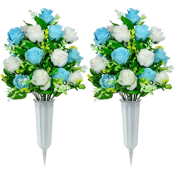 Artificial Cemetery Flowers, Set of 2 Artificial Rose Bouquet Graveyard Memorial Flowers with Vase for Cemetery Headstones Decoration (Light Blue&White)