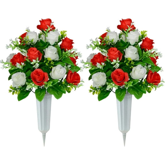 Artificial Cemetery Flowers, Set of 2 Artificial Rose Bouquet Graveyard Memorial Flowers with Vase for Cemetery Headstones Decoration (White&Red-2Pcs)