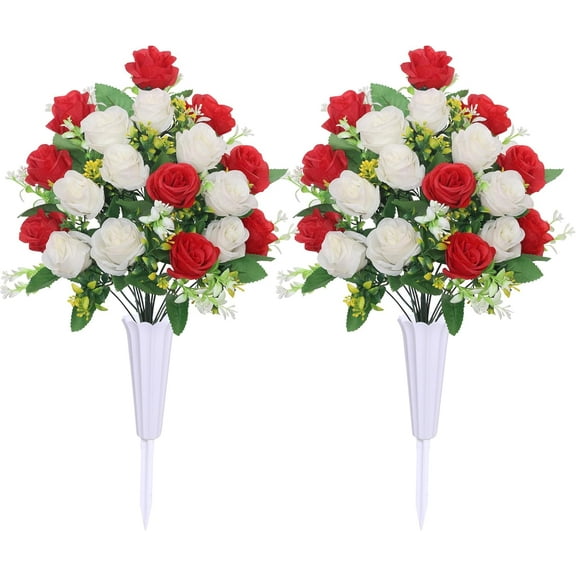 Artificial Cemetery Flowers,Set of 2 Grave Memorial Flowers with Vase, Outdoor Grave Decorations Roses,Silk Flowers for Cemetery Headstones Decoration (Dark Blue White)
