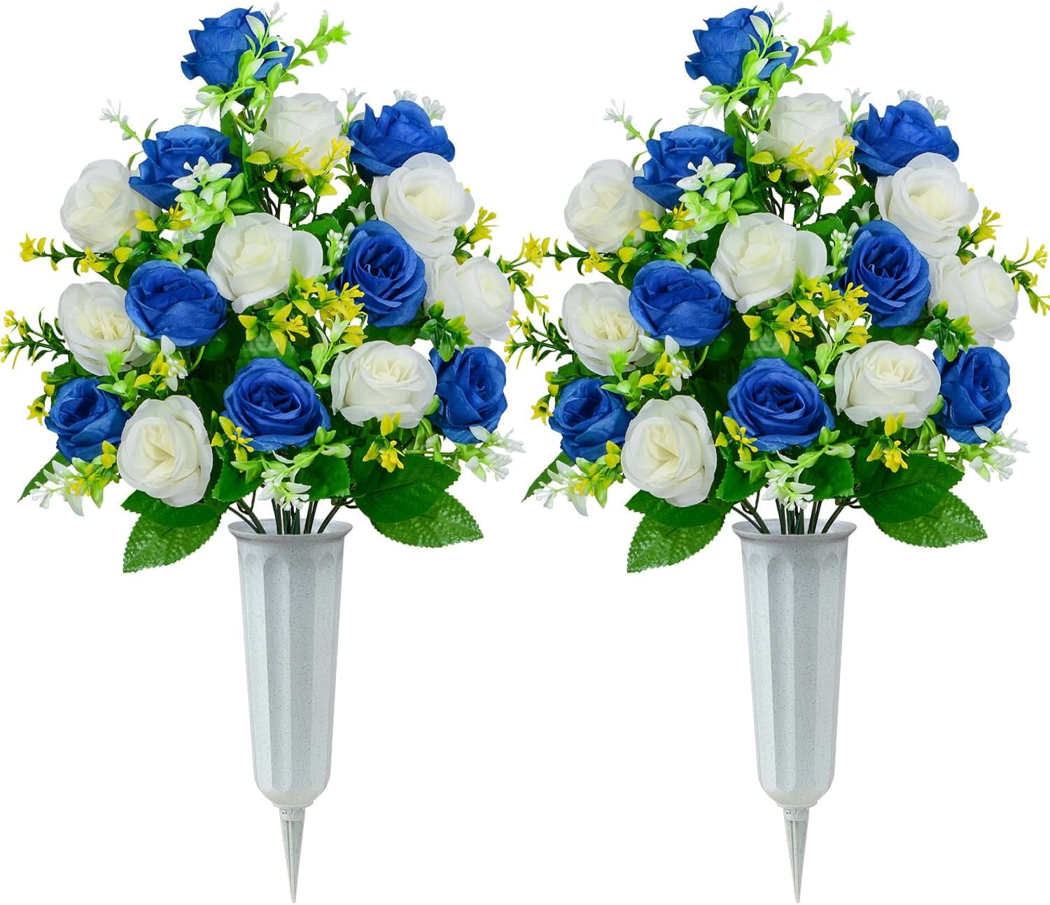 Artificial Cemetery Flowers, Set of Artificial Rose Bouquet Graveyard Memorial Flowers with Vase for Cemetery Headstones Decoration (Dark Blue&White-Pcs)