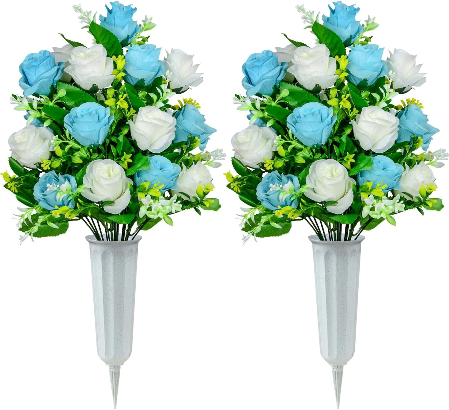 Artificial Cemetery Flowers, Set of Artificial Rose Bouquet Graveyard Memorial Flowers with Vase for Cemetery Headstones Decoration (Light Blue&White)