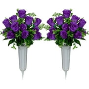 HANGTANWAN Artificial Cemetery Flowers, Set of 2 Artificial Rose Bouquet Grave Memorial Flowers with Vase for Cemetery Headstones Decoration (Purple)