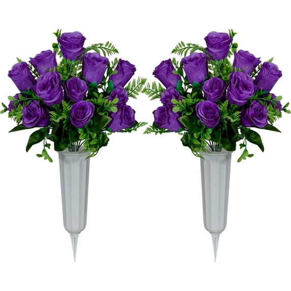 Artificial Cemetery Flowers, Set of 2 Artificial Rose Bouquet Grave Memorial Flowers with Vase for Cemetery Headstones Decoration (Purple)