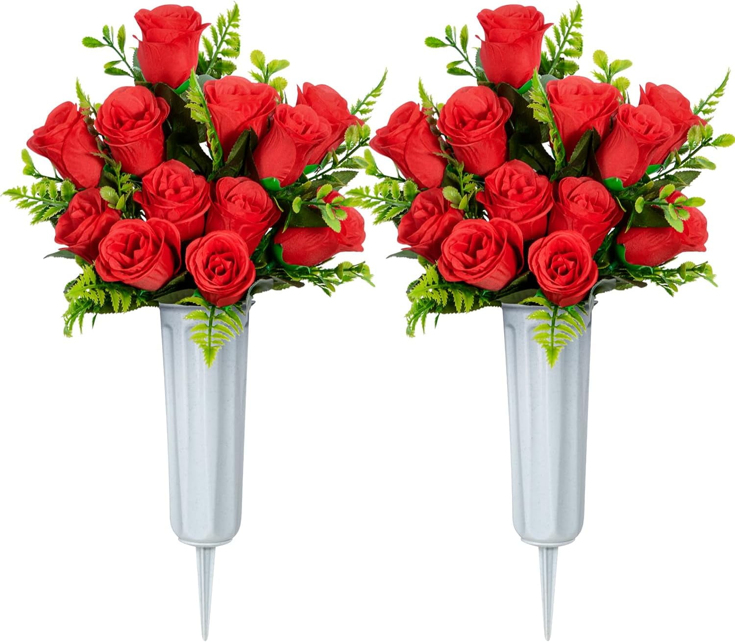 Artificial Cemetery Flowers, Set of 2 Artificial Rose Bouquet Grave Memorial Flowers with Vase for Cemetery Headstones Decoration (White)