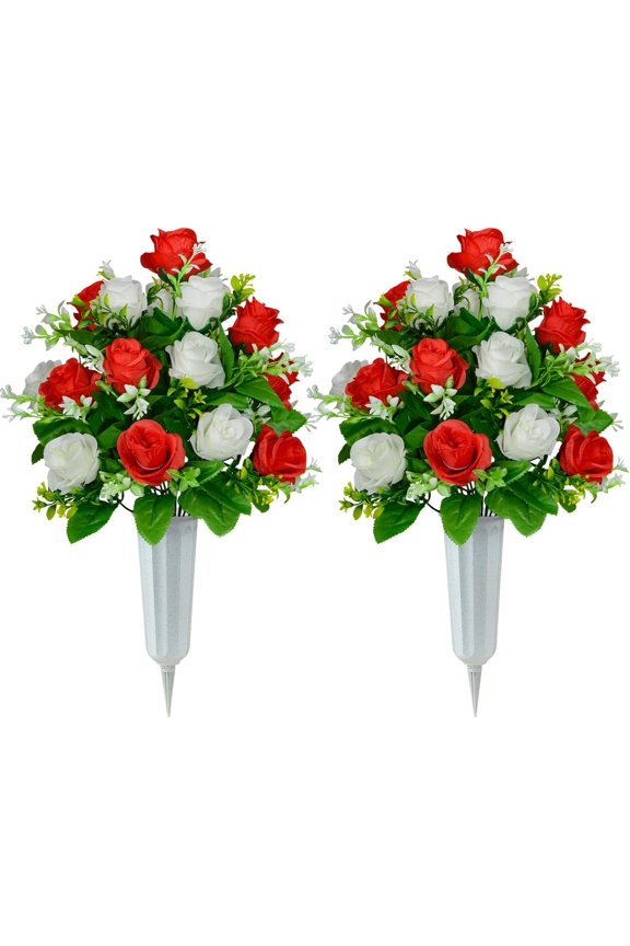 Artificial Cemetery Flowers, Set of 2 Artificial Rose Bouquet Graveyard Memorial Flowers with Vase for Cemetery Headstones Decoration (Pink-2Pcs)