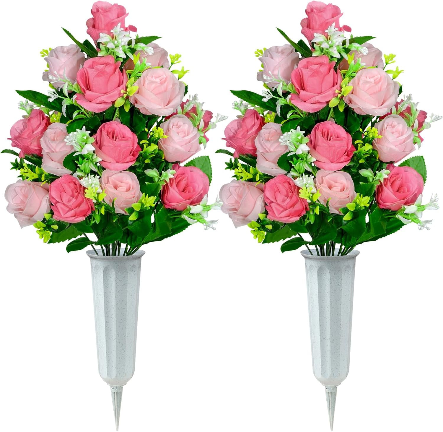 Artificial Cemetery Flowers, Set of 2 Artificial Rose Bouquet Graveyard Memorial Flowers with Vase for Cemetery Headstones Decoration (Pink-2Pcs)
