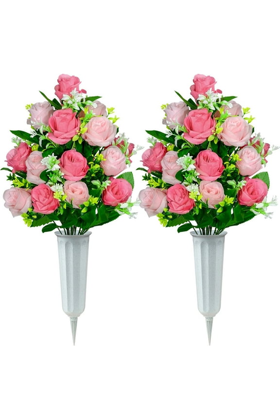 Artificial Cemetery Flowers, Set of 2 Artificial Rose Bouquet Graveyard Memorial Flowers with Vase for Cemetery Headstones Decoration (Pink-2Pcs)