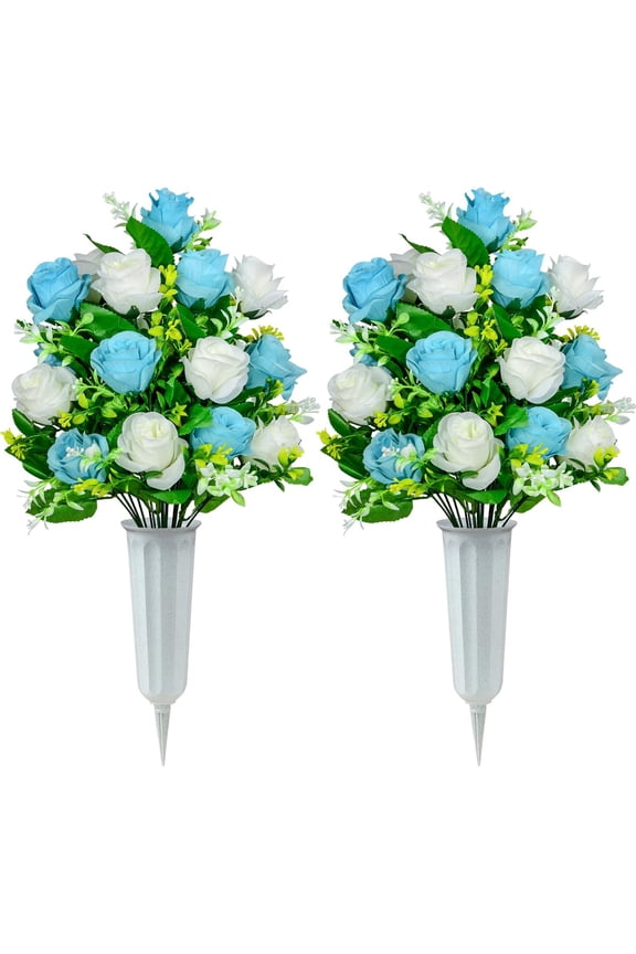 Artificial Cemetery Flowers, Set of 2 Artificial Rose Bouquet Graveyard Memorial Flowers with Vase for Cemetery Headstones Decoration (Pink-2Pcs)