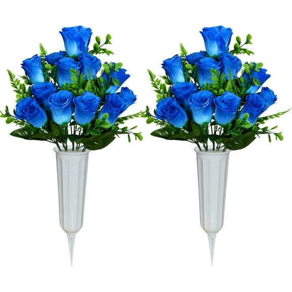 Artificial Cemetery Flowers, Set of Artificial Rose Bouquet Grave Memorial Flowers with Vase for Cemetery Headstones Decoration (Blue)
