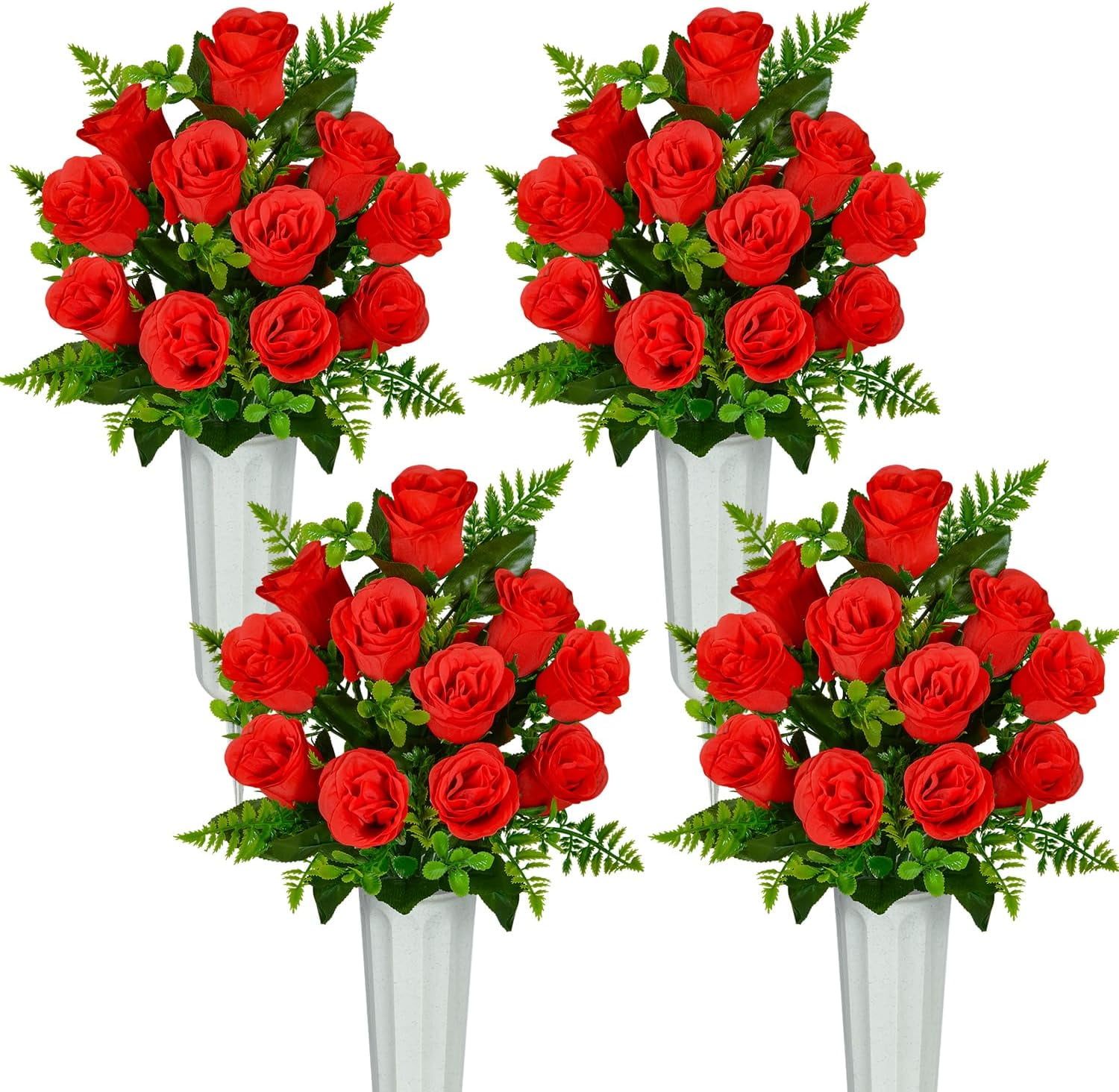 Artificial Cemetery Flowers, Set of Artificial Rose Bouquet Grave Memorial Flowers with Vase for Cemetery Headstones Decoration (Red, Set of )