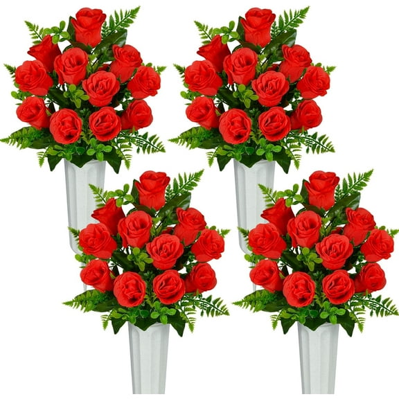 Artificial Cemetery Flowers, Set of Artificial Rose Bouquet Grave Memorial Flowers with Vase for Cemetery Headstones Decoration (Red, Set of )