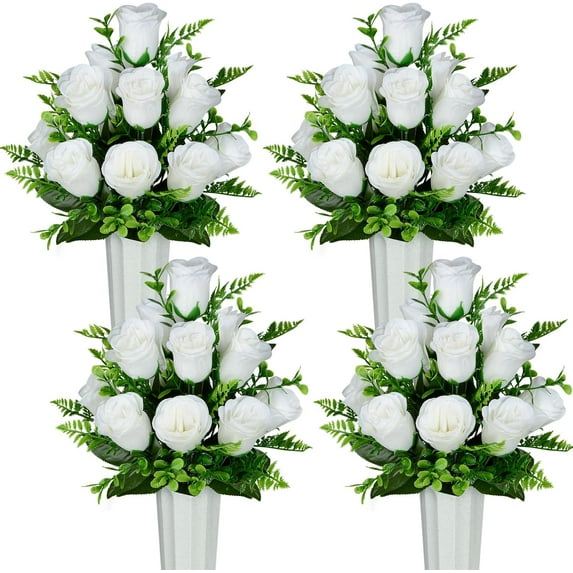 Artificial Cemetery Flowers, Set of Artificial Rose Bouquet Grave Memorial Flowers with Vase for Cemetery Headstones Decoration (White, Set of )