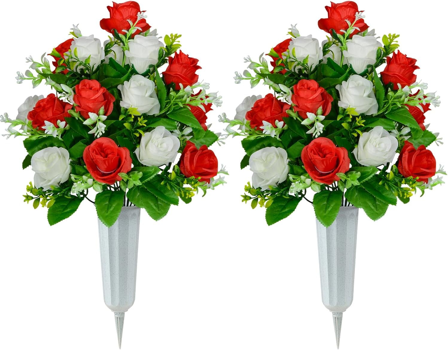 Artificial Cemetery Flowers, Set of Artificial Rose Bouquet Graveyard Memorial Flowers with Vase for Cemetery Headstones Decoration (White&Red-Pcs)