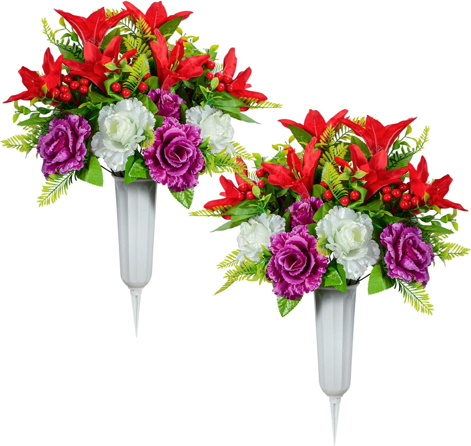Artificial Cemetery Flowers, Spring Memorial Bouquet with Vase, Outdoor ...