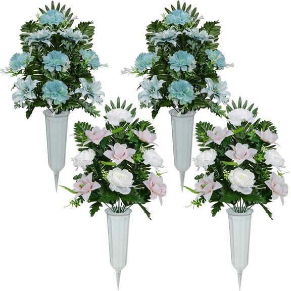 Artificial Cemetery Flowers, Spring Memorial Bouquet with Vase, Outdoor Grave Flowers Decorations, Artificial Rose Gerbera Flowers for Cemetery, Gravestone, Set of 2
