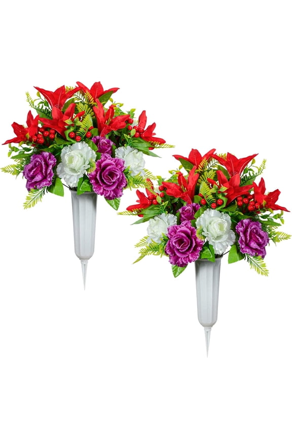 Artificial Cemetery Flowers, Spring Memorial Bouquet with Vase, Outdoor Grave Flowers Decorations, Artificial Rose Gerbera Flowers for Cemetery, Gravestone, Set of 2