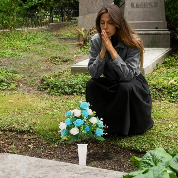 Artificial Cemetery Flowers with Vase, Artificial Rose Bouquet Cemetery Flower Arrangement for Cemetery Headstones Grave, Memorial Flowers for Gravesite, 19.6In L/11.8In W, Light Blue & White, 1 Pack