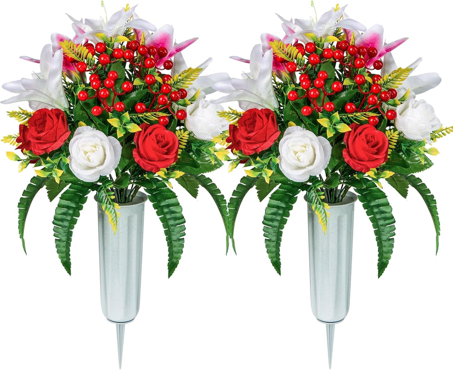 Artificial Cemetery Flowers with Vase, Artificial Rose Lily Bouquet Grave Memorial Flowers for Cemetery Headstones Gravesites Decoration (Set of 2, White&Red)
