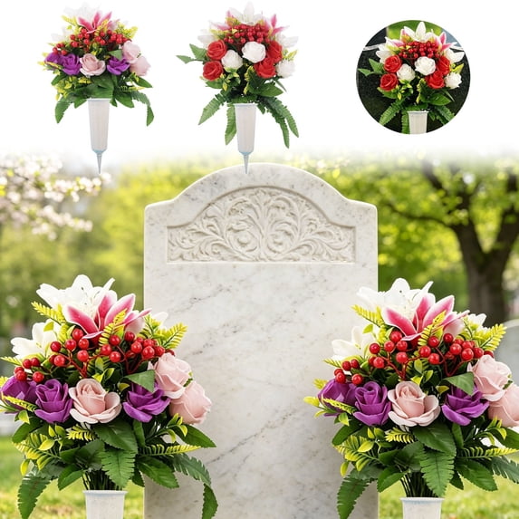 Artificial Cemetery Flowers with Vase, Set of 2 Rose Lily Bouquet Graveyard Memorial Flowers, Fade-Resistant All-Weather Grave Flowers for Cemetery Headstones Decoration
