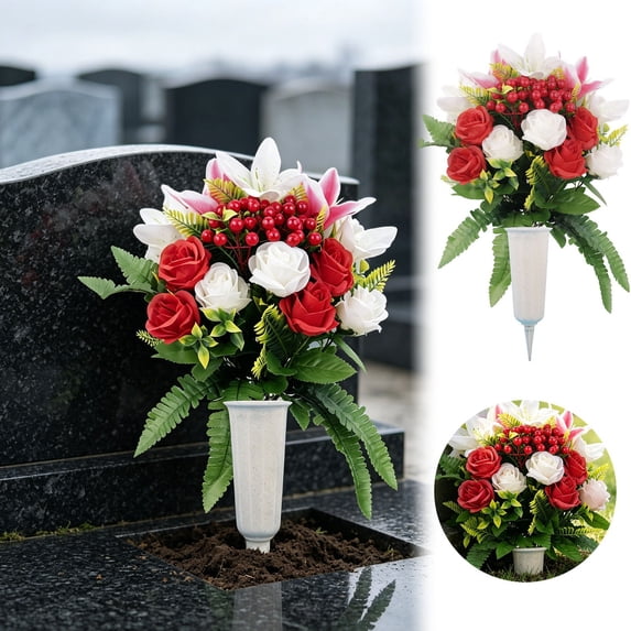 Artificial Cemetery Flowers with Vase, Set of 2 Rose Lily Bouquet Graveyard Memorial Flowers, Fade-Resistant All-Weather Grave Flowers for Cemetery Headstones Decoration