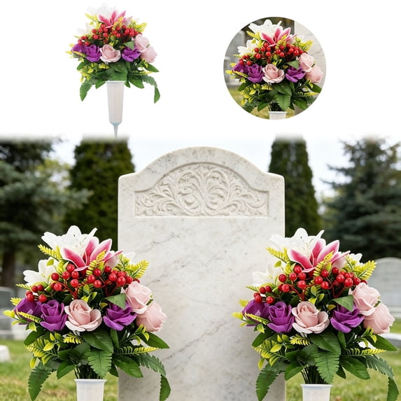 Artificial Cemetery Flowers with Vase, Set of 2 Rose Lily Bouquet Graveyard Memorial Flowers, Fade-Resistant All-Weather Grave Flowers for Cemetery Headstones Decoration