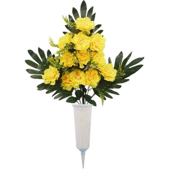 Artificial Cemetery Flowers with Vase, UV Resistant Silk Peony Rose Arrangements, Outdoor Grave Flowers for Tombstone Memorial Day Cemetery Headstone Decor