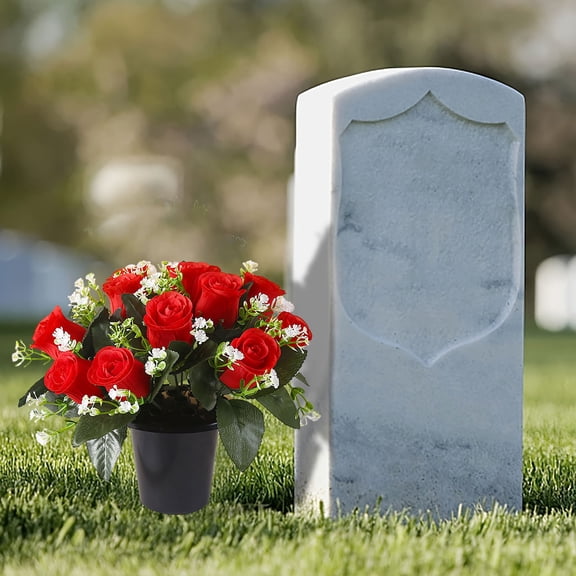 Artificial Cemetery Flowers for Grave, 12 Heads Artificial Roses Flowers With Pot, Memorial Day Flowers for Cemetery, Outdoor Grave Decorations